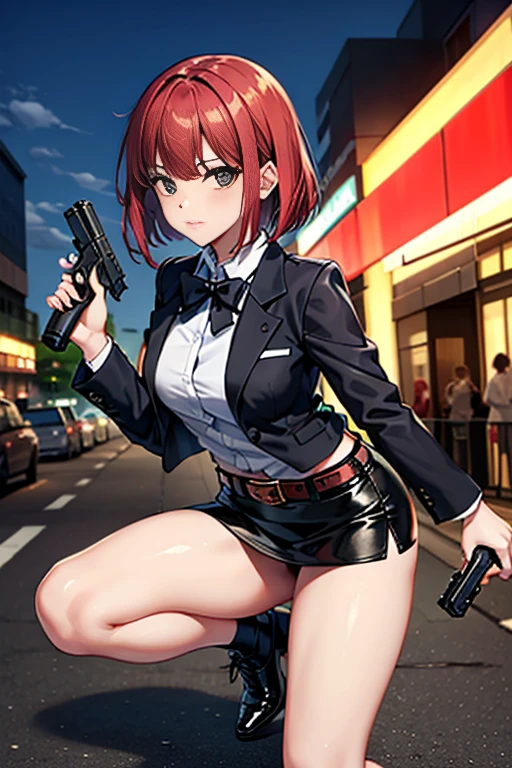 Highest quality、Ultra HD、One Woman、(Red Hair Short Bob 1.3)、(Black blazer 1.3)、(Black bow tie)、(shirt)、(Black Leather Shoes 1.1)、((Black Mini Tight Skirt))、((Thigh 1.2))、((One with a gun in each hand.5))、stylish、(Beautiful face with sharp eyes 1.2)、(Leather belt 1.2)、2. Women、thin、(Daytime city background 1.2)、((Clear and beautiful touch))