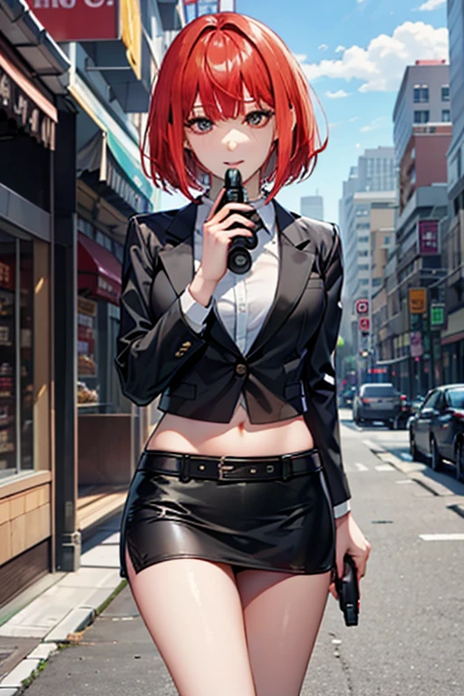 Highest quality、Ultra HD、One Woman、(Red Hair Short Bob 1.3)、(Black blazer 1.3)、(Black bow tie)、(shirt)、(Black Leather Shoes 1.1)、((Black Mini Tight Skirt))、((Thigh 1.2))、((One with a gun in each hand.5))、stylish、(Beautiful face with sharp eyes 1.2)、(Leather belt 1.2)、2. Women、thin、(Daytime city background 1.2)、((Clear and beautiful touch))