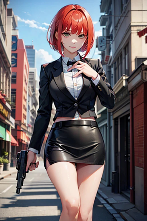 Highest quality、Ultra HD、One Woman、(Red Hair Short Bob 1.3)、(Black blazer 1.3)、(Black bow tie)、(shirt)、(Black Leather Shoes 1.1)、((Black Mini Tight Skirt))、((Thigh 1.2))、((One with a gun in each hand.5))、stylish、(Beautiful face with sharp eyes 1.2)、(Leather belt 1.2)、2. Women、thin、(Daytime city background 1.2)、((Clear and beautiful touch))