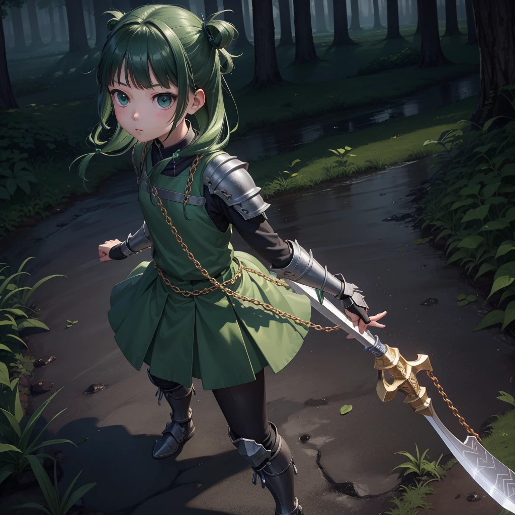 最high quality、high quality、Simple Cloth Armor、１０Year-old girl adventurer、Equipped with a weapon that has a short chain at the end of a stick and a spiked iron ball at the end of the chain、In a dark maze、Dark green armor