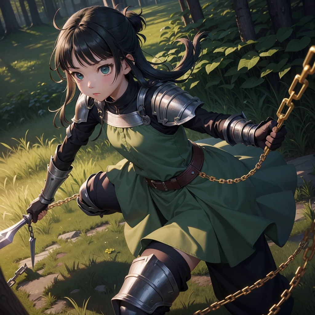 最high quality、high quality、Simple Cloth Armor、１０Year-old girl adventurer、Equipped with a weapon that has a short chain at the end of a stick and a spiked iron ball at the end of the chain、In a dark maze、Dark green armor