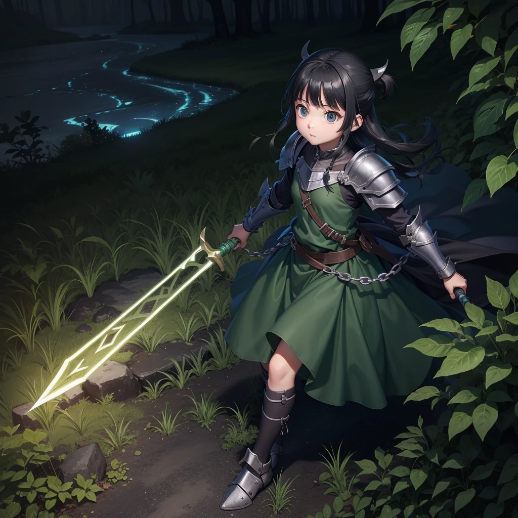 最high quality、high quality、Simple Cloth Armor、１０Year-old girl adventurer、Equipped with a weapon that has a short chain at the end of a stick and a spiked iron ball at the end of the chain、In a dark maze、Dark green armor