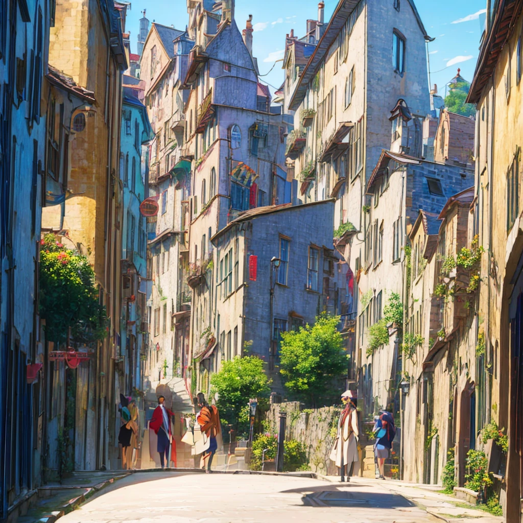 European style narrow alley，Just like the wizarding world of Harry Potter， animated wallpaper art, anime style cityscape, A magical and colorful world of magic， beautiful anime scenery, There are orcs on the street，Leprechaun，Little monsters talking on the street