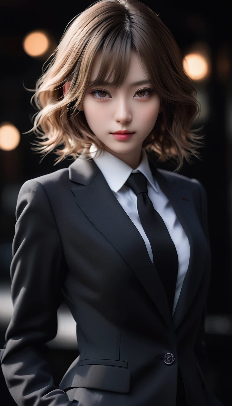 Meticulous, analog style, focus on the eyes, highest quality, (highly detailed skin), very beutiful pale-skinned Japanese girl photo, 2, (wearing a suit), perfect face, skin pores, (penetration: 0, 5), black background, (bokeh:0.6), photographed with Sony A7R IV camera, 18mm F/1.7 cine lens, 8k, HDR, front view, (full body: 0.9), (standing) 