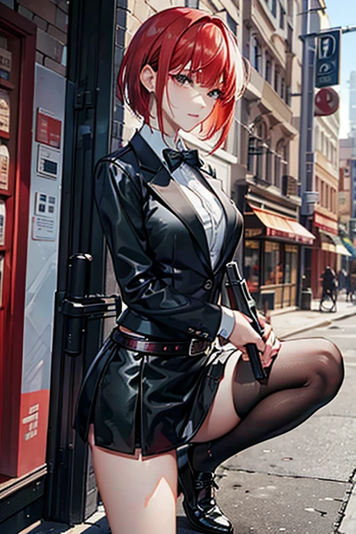 Highest quality、Ultra HD、One Woman、(Red Hair Short Bob 1.3)、(Black blazer 1.3)、(Black bow tie)、(shirt)、(Black Leather Shoes 1.1)、((Black Mini Tight Skirt))、((Thigh 1.2))、((One with a gun in each hand.5))、stylish、(Beautiful face with sharp eyes 1.2)、(Leather belt 1.2)、2. Women、thin、(Daytime city background 1.2)、((Clear and beautiful touch))