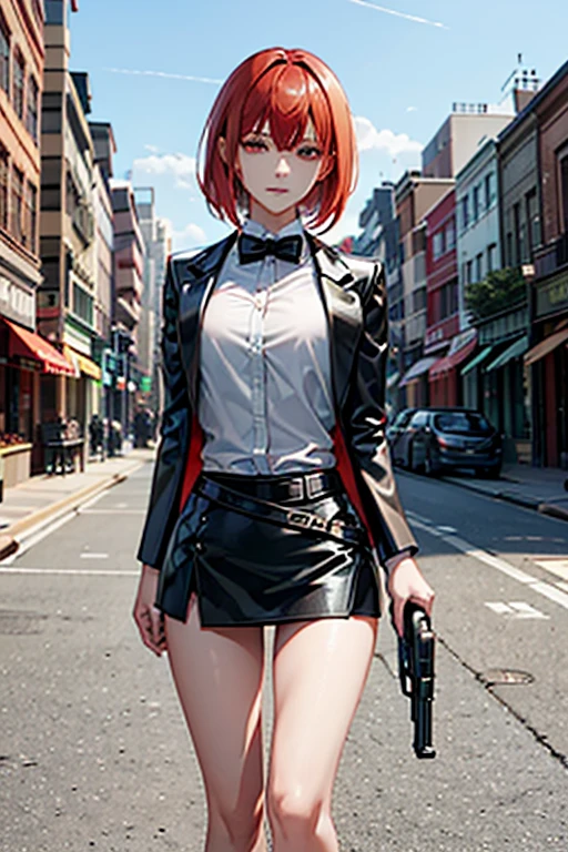 Highest quality、Ultra HD、One Woman、(Red Hair Short Bob 1.3)、(Black blazer 1.3)、(Black bow tie)、(shirt)、(Black Leather Shoes 1.1)、((Black Mini Tight Skirt))、((Thigh 1.2))、((One with a gun in each hand.5))、stylish、(Beautiful face with sharp eyes 1.2)、(Leather belt 1.2)、2. Women、thin、(Daytime city background 1.2)、((Clear and beautiful touch))