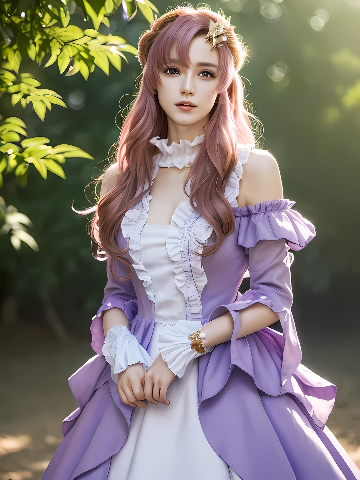 Lacas Klein,Klein Lake,(Purple eyes:1.1),hair ornaments,Long Hair,wave hair ornaments,Pink Hair,smile,Open Mouth Break Dress,Long dress,White Dress,Long sleeve,White sleeves,Frill Frill skirt,Ruffle sleeves,Removable sleeves,Exposing shoulders,Purple Skirt,Purple Frill BREAK Viewers,(Cowboy Shot:1.5) Outdoor rest,null間,star \(null\),Sunbreak (masterpiece:1.2),Highest quality,High resolution,unity 8k wallpaper,(figure:0.8),(Beautiful attention to detail:1.6),Highly detailed face,Perfect lighting,Highly detailed CG,(Perfect hands, Perfect Anatomy),