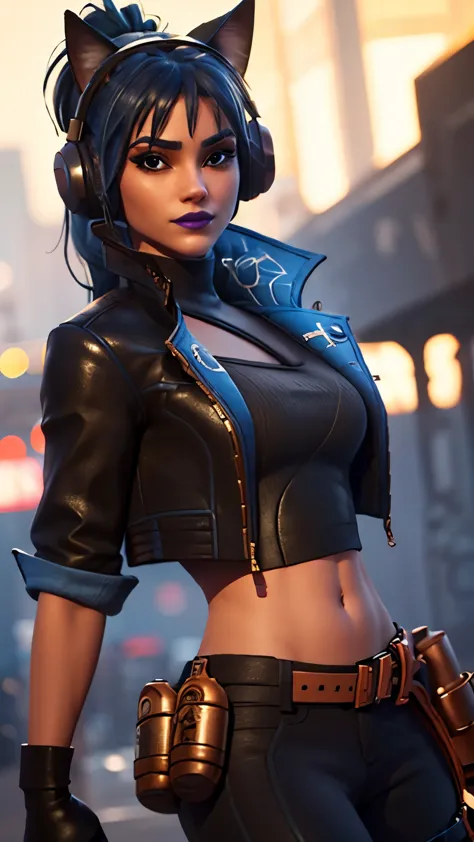 city detailed background, city detailed scenario, 1girl, solo, heroichopefn, heroic hope from fortnite, (crop top, black top, op...