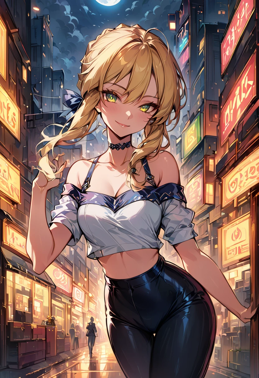 score_9, score_8_up, score_7_up, score_6_up, rating_safe, source_anime, BREAK beautiful Artoria Pendragon (blonde, braid, ribbon, hair ribbon:1.2), sexy smirk, BREAK tight pants, off the shoulder top, high hees, choker, BREAK walking in downtown Tokyo, neon lights, Extremely detailed Artgerm, Artgerm on ArtStation Pixiv, BREAK Epic light novel art cover, gorgeous female, trending on artstation pixiv, BREAK midnight, full moon, shallow depth of field, BREAK highly detailed, bokeh, moody, epic, gorgeous, grainy, BREAK (ultra-detailed), (best illustration), (best shadow), (absurdres), (detailed background), (very aesthetic).