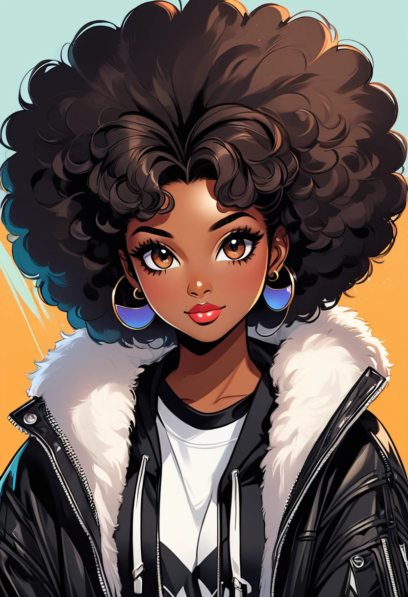 Cartoon image of a woman with a big afro hair, super cute funky black girl, cartoon style illustration, cartoon art style, cartoon art style, in digital illustration style, highly detailed character design, cute detailed digital art, urban fanart, character design portrait, beautiful digital illustration, high quality portrait, cartoon art, afro, character design portrait