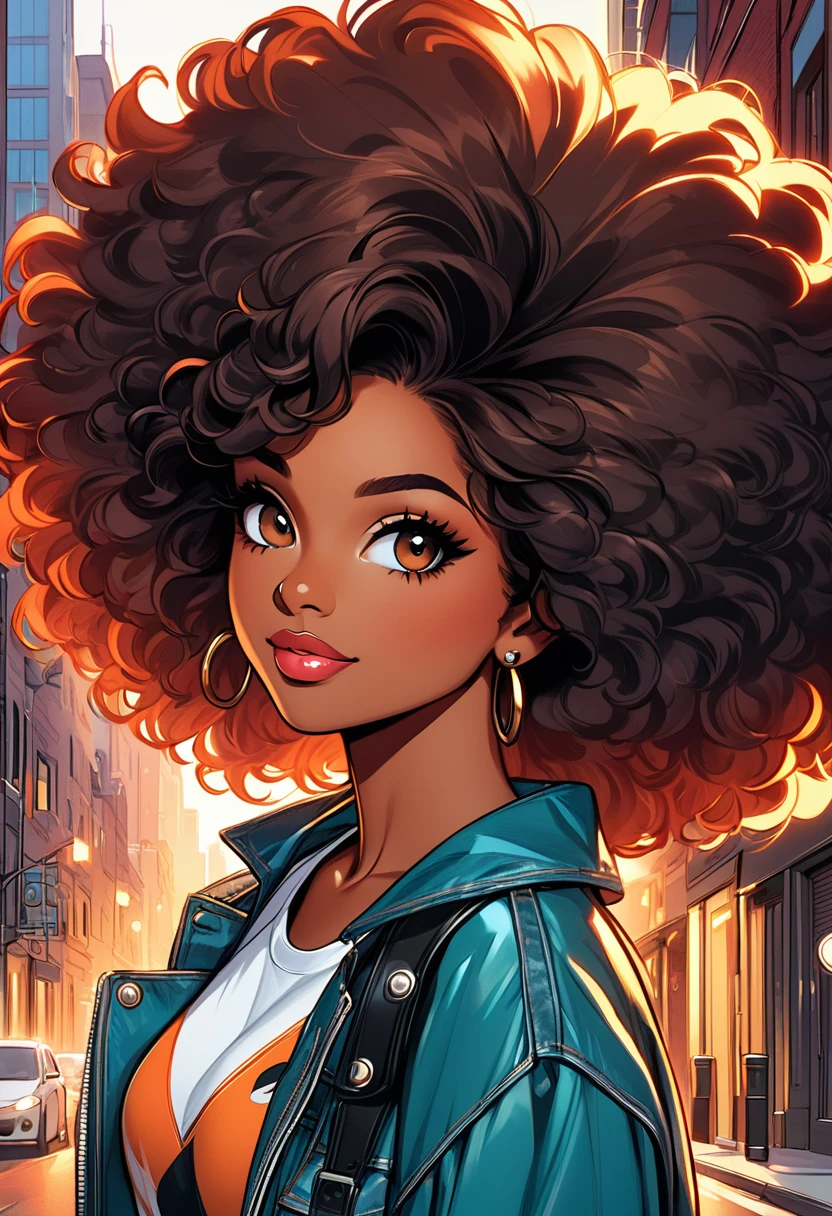 Cartoon image of a woman with a big afro hair, super cute funky black girl, cartoon style illustration, cartoon art style, cartoon art style, in digital illustration style, highly detailed character design, cute detailed digital art, urban fanart, character design portrait, beautiful digital illustration, high quality portrait, cartoon art, afro, character design portrait