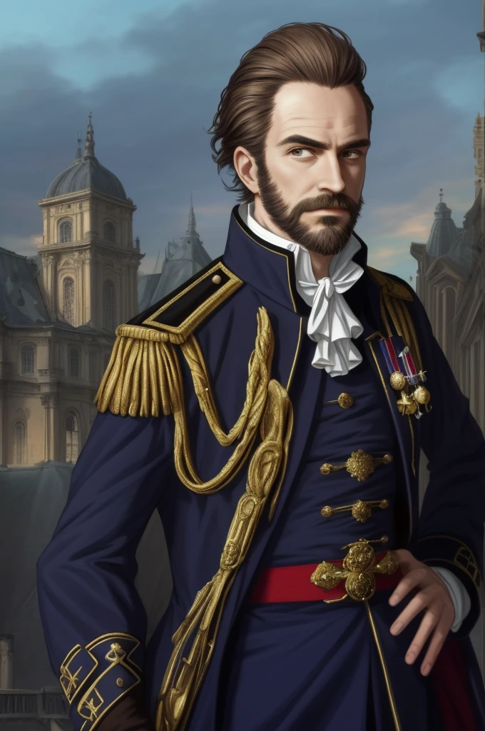 Highest quality, masterpiece, High resolution,，（Catherine-Dominique de Pérignon），French，Beardless face，French Revolutionary Soldier，Medals，（French cityscape_background），Bald crown，Broad forehead，Middle-aged men，Anime Style, 4K, alone，whole body， looking at the camera, ，White side hair，Brown_coat， Hyper Detail, (Intricate details),