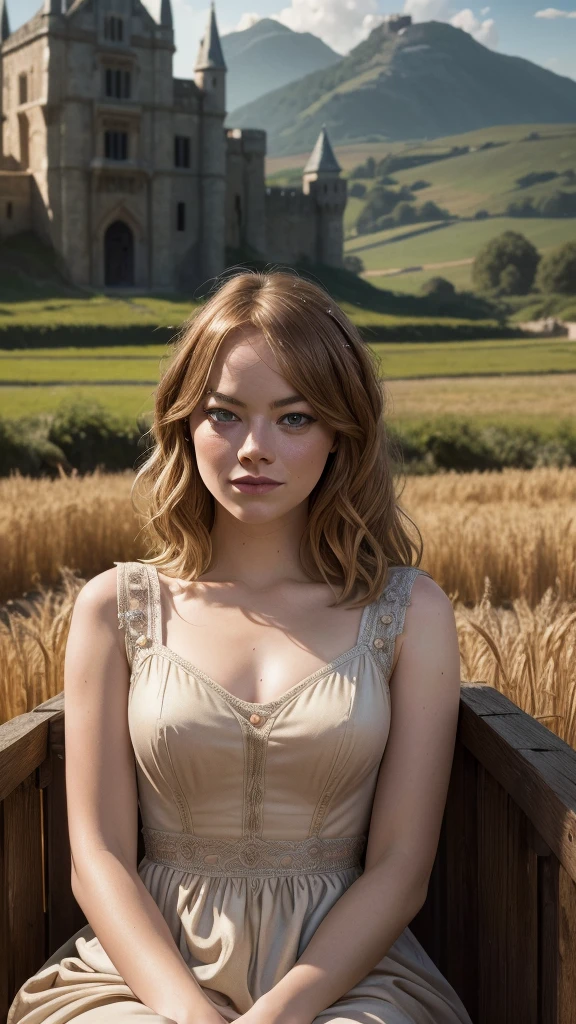 photorealistic digital painting of Emma Stone, medieval period, wheat fields, simple dress, sitting on a water wheel, romantic film scene, discovering innocence and purity, beautiful detailed eyes, beautiful detailed lips, extremely detailed face and expression, longeyelashes, medieval castle in background, dramatic lighting, warm color palette, cinematic composition, (best quality,4k,8k,highres,masterpiece:1.2),ultra-detailed,(realistic,photorealistic,photo-realistic:1.37),dramatic lighting,dramatic lighting,dramatic lighting,dramatic lighting,dramatic lighting,dramatic lighting