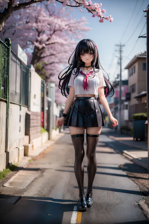 1girl, black skirt, branch, building, chain-link fence, cherry blossoms, fence, long hair, outdoors, petals, pleated skirt, rain...