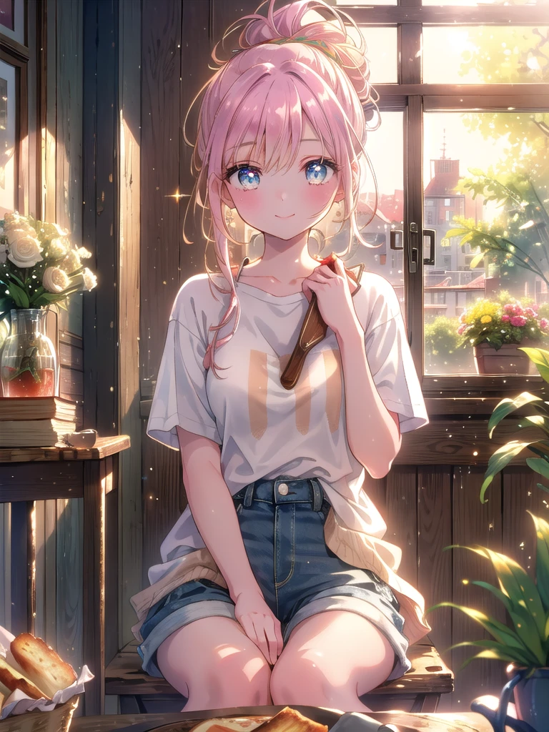 ((8k, Highest quality, masterpiece: 1.3)),Ultra-high resolution,(1 girl, alone), (Color changing eyes, Ultra-detailed, Expressive brilliance, Glitter, Glowing Eyes), Highly detailed eyes, Highly detailed face, Random Hair, ((pastel colour) The woman is seated at a small, sunlit table in a cozy, corner café. A bowl of creamy tomato soup with a single slice of garlic bread is placed in front of her. She’s dressed in a casual striped t-shirt and high-waisted shorts, her hair tied up in a loose bun. The café has a warm, rustic interior with wooden furniture and plants on every windowsill. She looks at the camera with a soft, content smile, her eyes slightly squinting in the afternoon sun, as she shares a peaceful moment with her boyfriend, her hand resting lightly on the table.