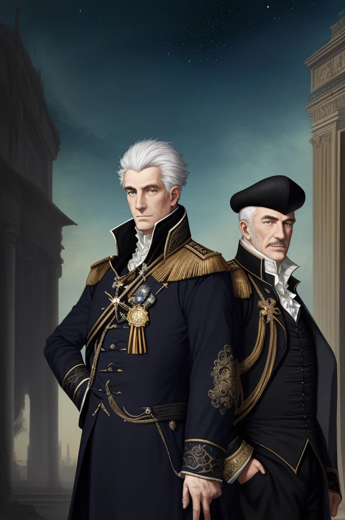 Highest quality, masterpiece, High resolution,，（Lalande），French，Marshals of the French Revolution，Medals，astronomy（French cityscape_background），Bald crown，Broad forehead，Middle-aged men，Anime Style, 4K, alone，whole body， looking at the camera, ，White side hair，black_coat， Hyper Detail, (Intricate details),