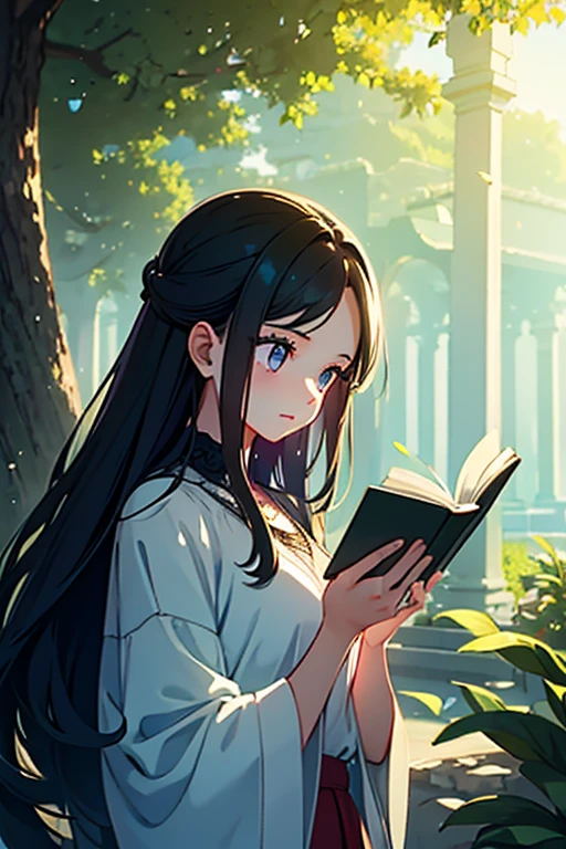 A young girl is standing against the background of nature. Her black hair with purple strands creates a mysterious image, and her green eyes sparkle with a bright light. An 1 girl is enthusiastically reading a book, leaning against a tree trunk. Her attention is completely absorbed by literature, and the nature surrounding her creates an atmosphere of peace and tranquility. The girl's gaze is fixed on the pages of the book, reflecting her passion and love of reading. This image takes us into a world of fantasy and solitude, where every line of the book comes to life and brings new discoveries and impressions.