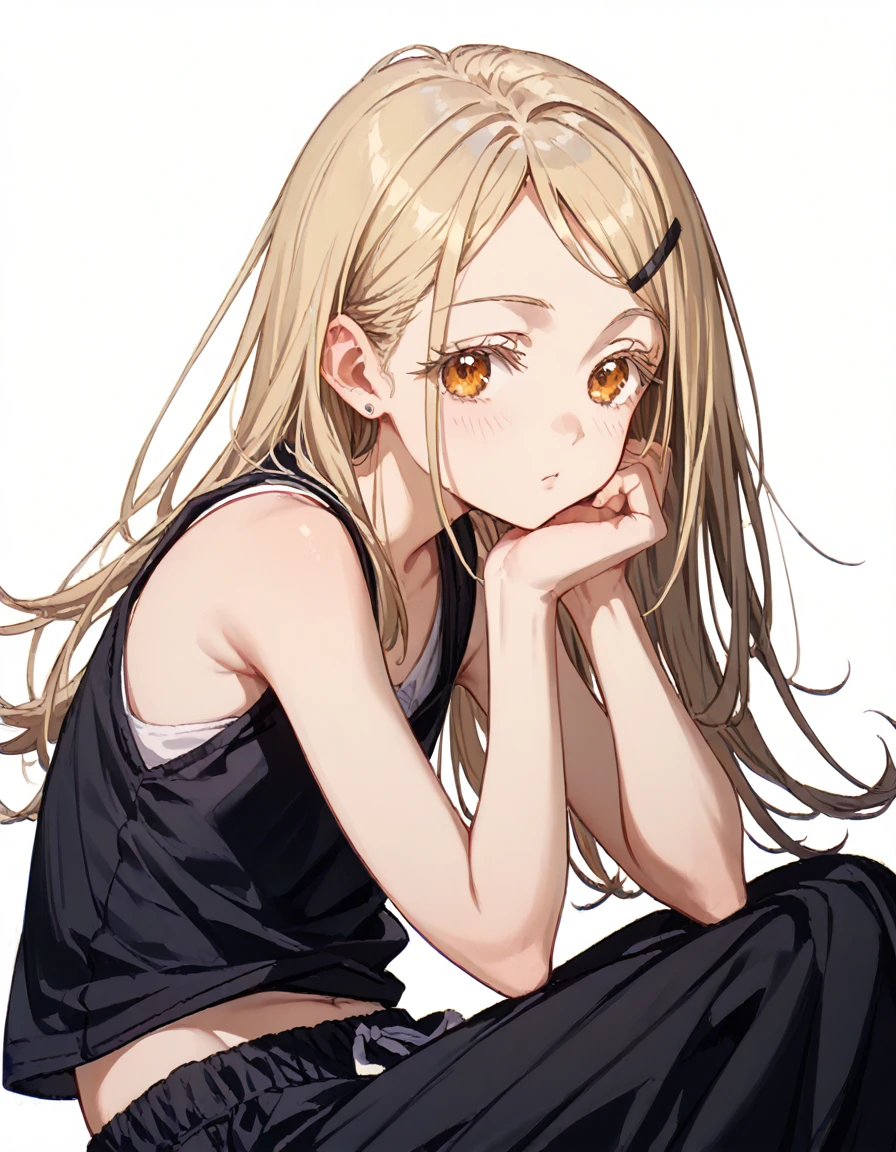 shinosawa hiro,slender,amber eyes,white eyelash,blonde hair,long hair,hairclip,white background,flat chest,black vest,black pants,baggy pants,head rest