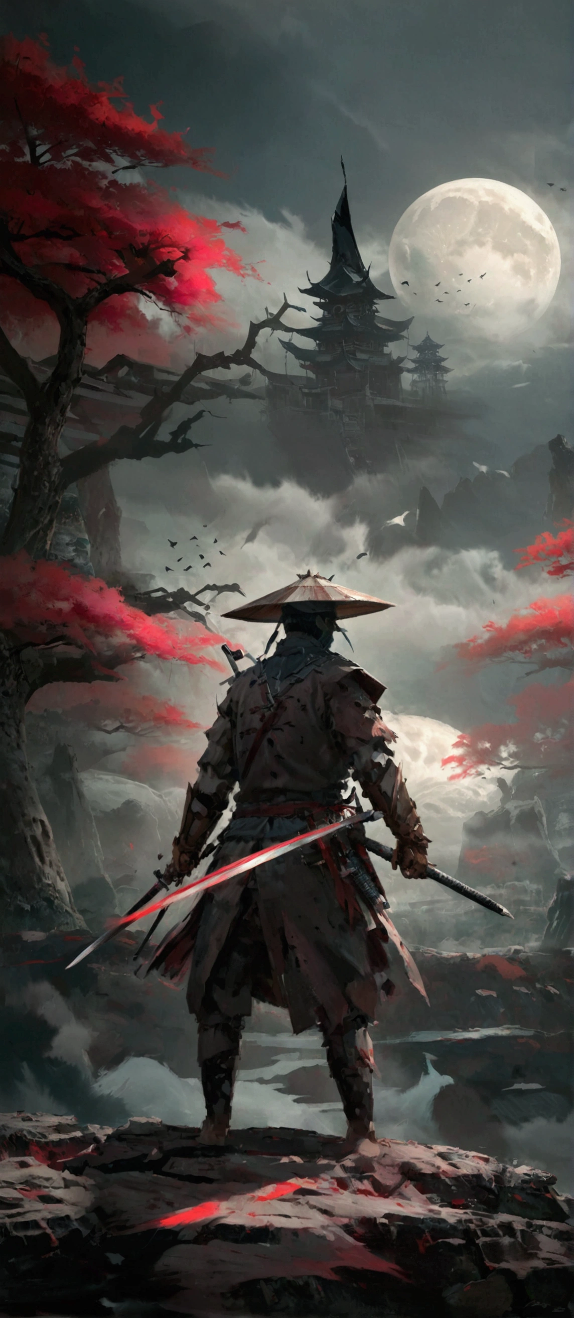 a painting of a man with a sword and a red sun, sekiro in bloodborne world, sekiro, inspired by Kanō Hōgai, feudal japan art, ghost of tsushima, traditional japanese concept art, inspired by Edo Murtić, ronin, inspired by Ma Shi, sekiro mountain, samurai style, benedick bana