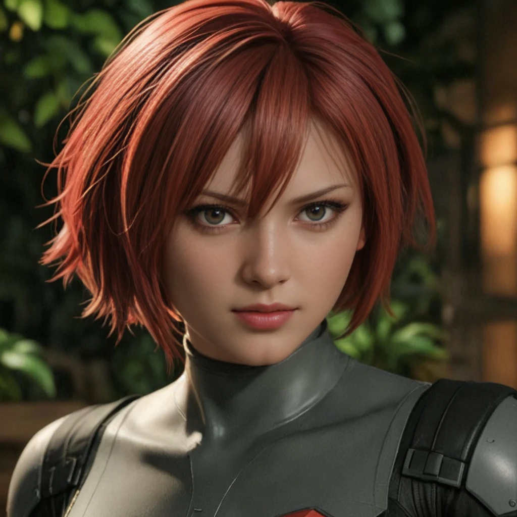 Red hair "REGINA", "DINO CRISIS GAME", quality, atlas, high resolution (4k, 8k), detailed portrait, beautiful and detailed face, delicate face, brown eyes, black makeup, red lipstick, Perfect Body, soft lighting, vivid colors, expression of anger .