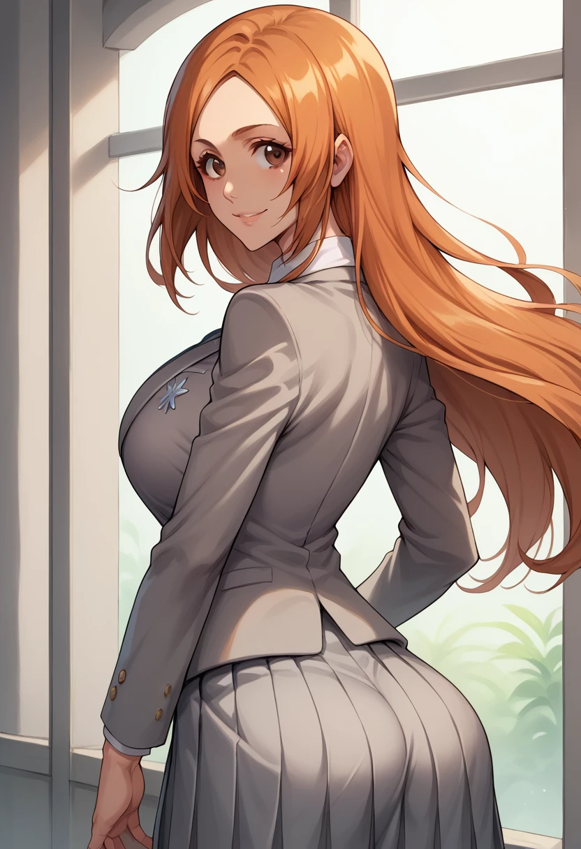 score_9, score_8_up, score_7_up, BREAK, score_9, smile, inoue orihime, long hair, orange hair, large breasts, brown eyes, school uniform, blazer, grey blazer, shirt, pleated skirt, grey skirt, collared shirt, 1girl, solo, looking at viewer, cowboy shot, ass, from behind, school