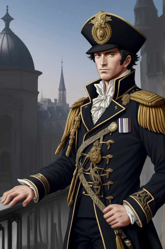 Highest quality, masterpiece, High resolution,，（Lalande），French，French Revolutionary Soldier，Medals，marshal，（French cityscape_background），Bicorne_hat，Middle-aged men，Anime Style, 4K, alone，whole body， looking at the camera, ，White side hair，black_coat， Hyper Detail, (Intricate details),