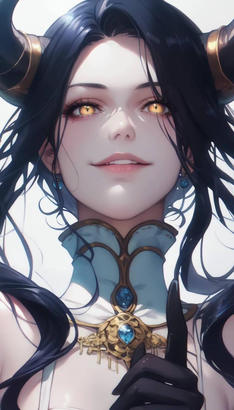 A demonic and seductive looking anime character, with black wings, long dark flowing hair, bright golden eyes, and curved horns like those of a ram. has pale skin, a mischievous smile and a playful and mysterious expression, holding a finger to his lips as if silencing someone. She wears a white dress with intricate detailing and gold accents, along with a blue gem on his chest. The scene is dramatically lit., with soft shadows that enhance her sharp features, as the background fades into darkness, adding an enigmatic and magical touch. The style is a mix of anime fantasy with intricate details, Capturing an intense portrait, close and dynamic