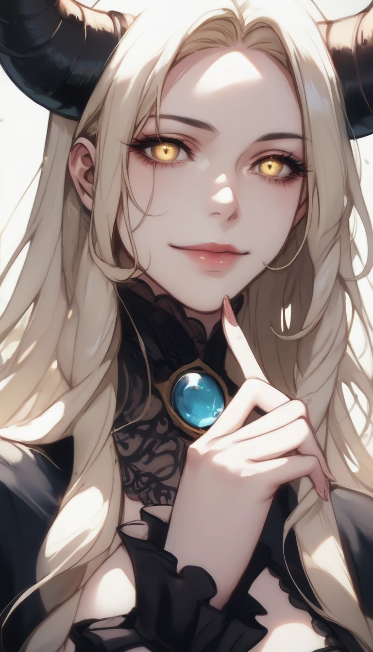 A demonic and seductive looking anime character, with black wings, long dark flowing hair, bright golden eyes, and curved horns like those of a ram. has pale skin, a mischievous smile and a playful and mysterious expression, holding a finger to his lips as if silencing someone. She wears a white dress with intricate detailing and gold accents, along with a blue gem on his chest. The scene is dramatically lit., with soft shadows that enhance her sharp features, as the background fades into darkness, adding an enigmatic and magical touch. The style is a mix of anime fantasy with intricate details, Capturing an intense portrait, close and dynamic