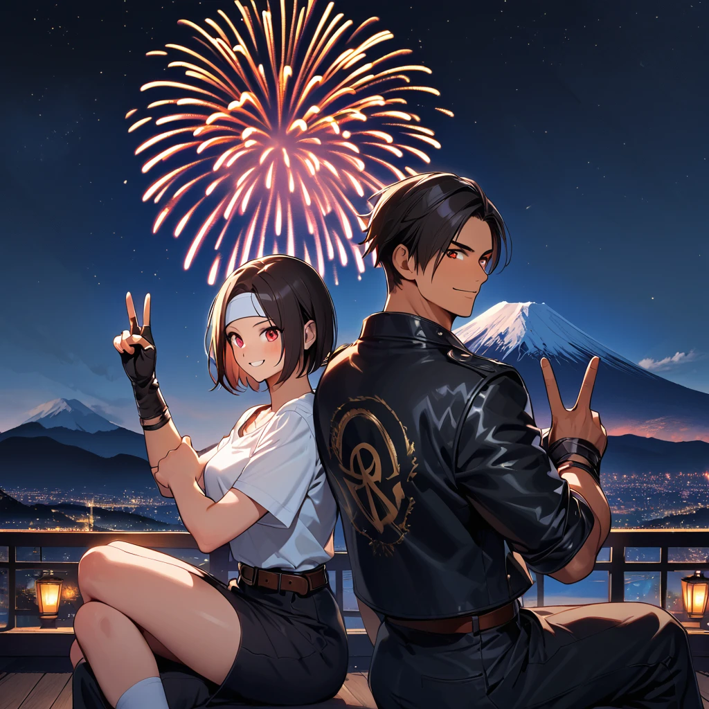 Orochiquillo, dark skin, short cut, couple, two people, man and woman, red eyes, ((black leather jacket with rolled up arms)), fingerless gloves, black hair, white T-shirt, ((white headband)), black pants, white shoes, brown belt, handsome, shot, attractive, famous, high resolution, fine face, fine grain Night, blue sky, confident smile, ((watching vivid fireworks with girlfriend)), Mt. Fuji in background, Japan, sitting on terrace, men and women wearing same clothes and hairstyle, toothy smile, looking at viewer and giving peace sign