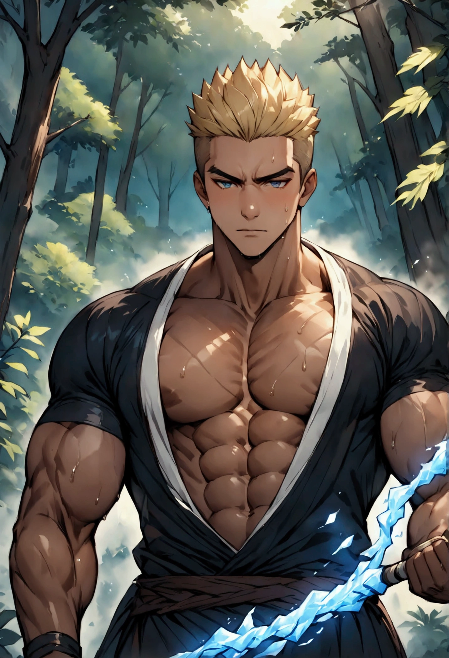 Highest quality、masterpiece、(muscular male:1.3)、(father:0.5)、Blonde、Brown skin、Short Hair、Sports haircut、short hair、fantasy、Fantastic space、In the forest at night、wizard、Wearing a black and blue robe、bare chest、Has a magic staff、uses ice magic、sweat、steam