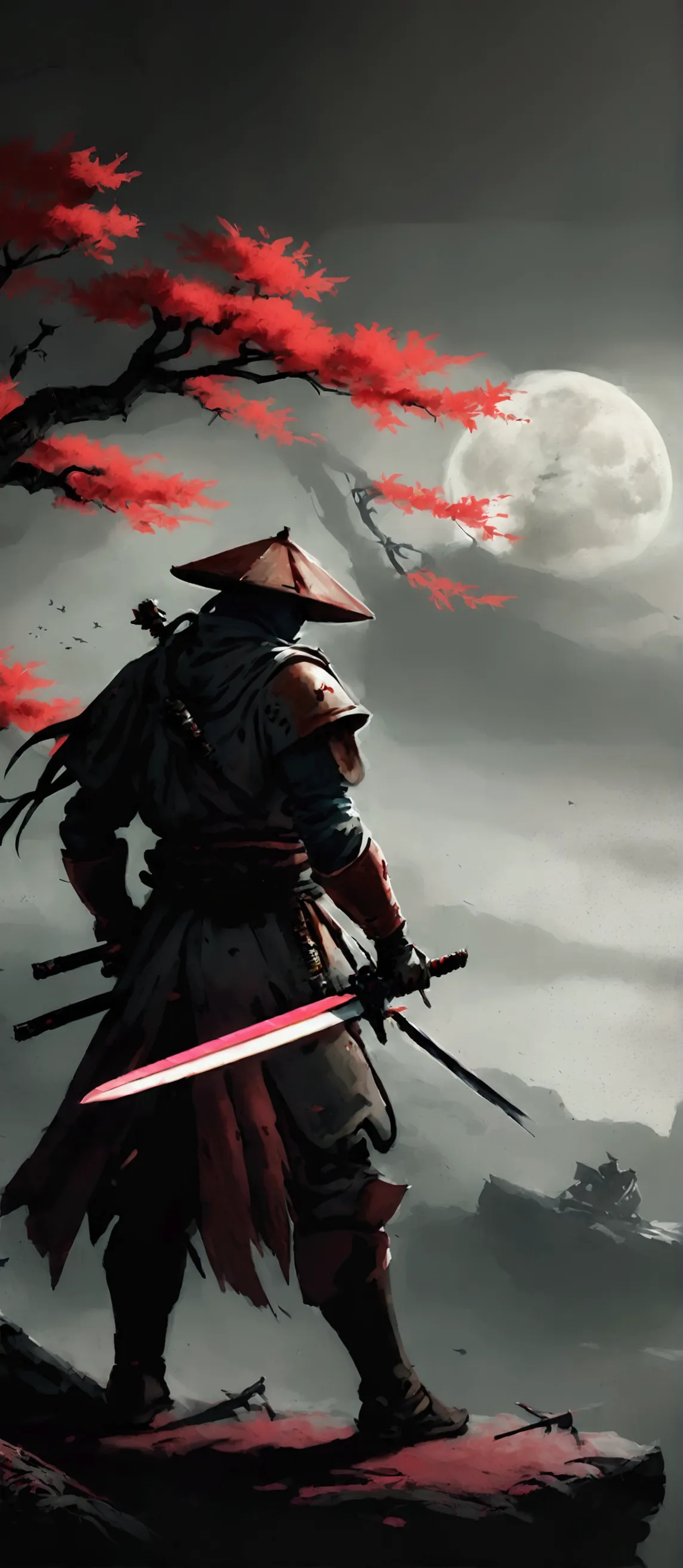 a painting of a man with a sword and a red sun, sekiro in bloodborne world, sekiro, inspired by kanō hōgai, feudal japan art, gh...