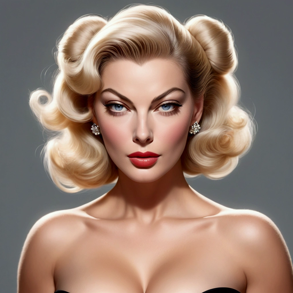 HYBRID FACE BETWEEN ANITA EKBERG AND AVA GARDNER , BUST IMAGE STYLE, STUDIO IMAGE STYLE, DIFFUSED LIGHTS ON FACE, STRONG BACK LIGHTS, CLOSE FACE SHOT, LIGHT BLONDE HAIR, BUN HAIR STYLE, VERY VOLUMOUS, STRAIGHT HAIR, MODERN HAIR STYLE, VERY LIGHT BLONDE HAIR, VERY PALE SKY, HIGH CHEEKBONES, ROSY CHEEKS, GORGEOUS LIPS, SOFT LIPSTICK, FREE COLLAR BODY REGION, VOLUMOUS BREASTS, STRAPLESS CLEAVAGE, ENIGMATIC FACE EXPRESSION, HIGH QUALITY IMAGE, MASTERPIECE, 8K