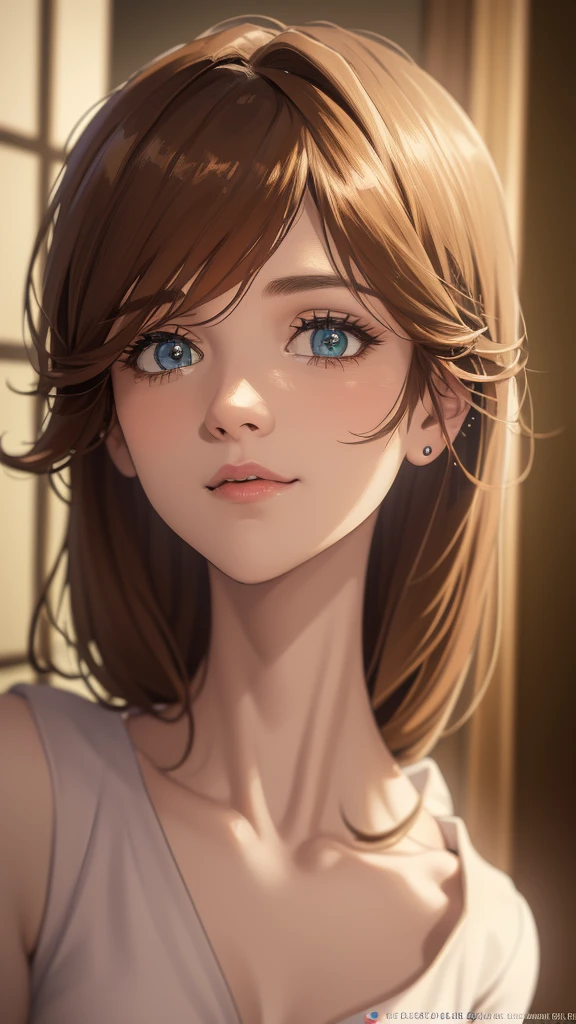 a beautiful young girl, short flowing brown hair, piercing green eyes, delicate features, happy smile, white dress inspired by Evangelion, (best quality,4k,8k,highres,masterpiece:1.2),ultra-detailed,(realistic,photorealistic,photo-realistic:1.37),intricate details, Evangelion-style dress, elegant pose, natural lighting, warm color tones, soft focus, beautiful detailed eyes, beautiful detailed lips, extremely detailed eyes and face, long eyelashes, porcelain skin, serene expression, angelic, ethereal, fantasy