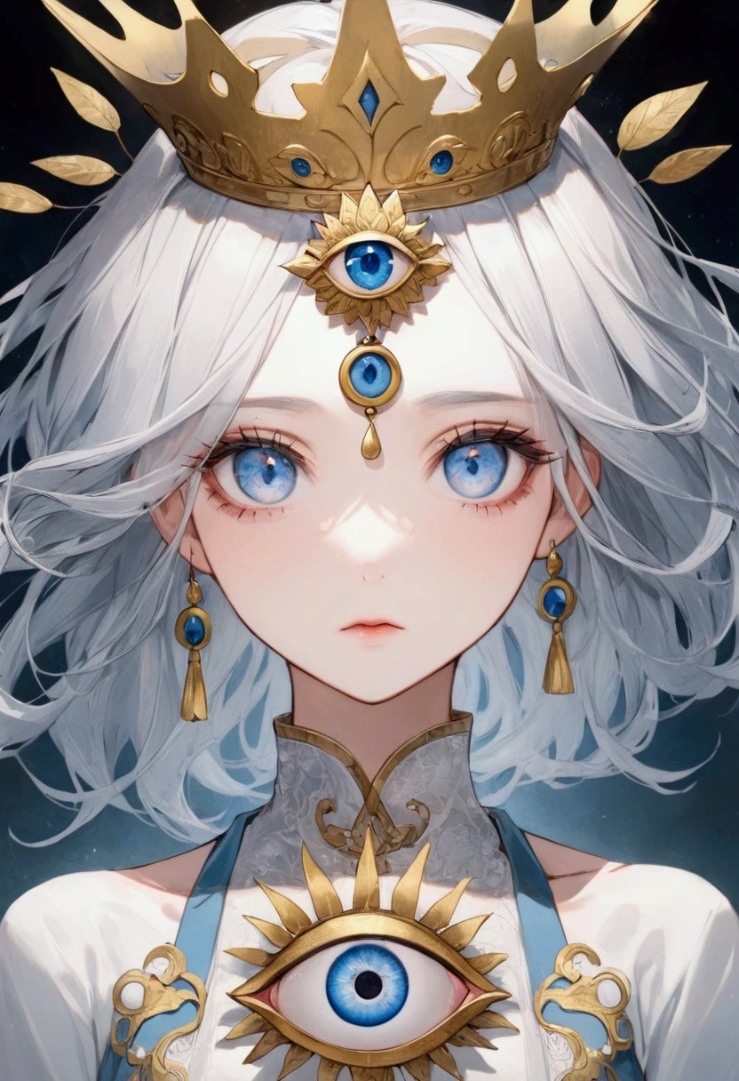 Portrait of a woman with blue eyes wearing a golden crown, The Third Eye睛, mystical The Third Eye睛, Mysterious eyes, girl with White eyes, Mysterious Eye, White detail eyes, The Third Eye, Mysterious Eyes, opening The Third Eye睛, White eyes, The Third Eye的视觉, Portrait of a girl with blue eyes, Blue eyes, Chinese blue eyes, Light blue eyes