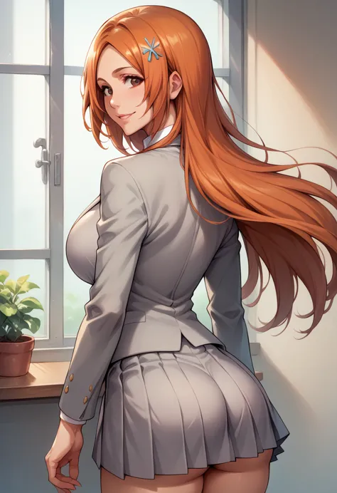 score_9, score_8_up, score_7_up, break, score_9, smile, inoue orihime, hair ornament, long hair, orange hair, large breasts, bro...