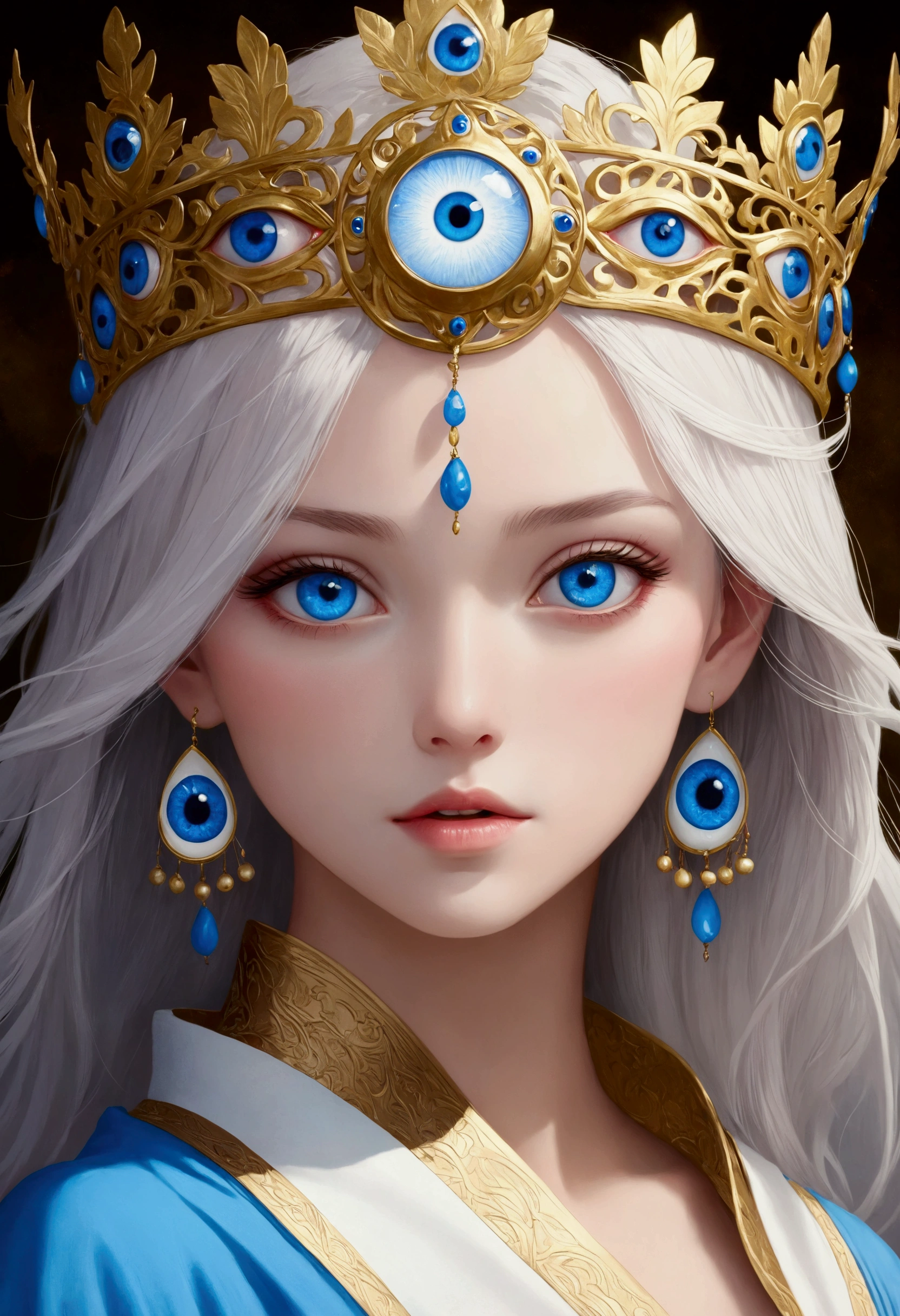 Portrait of a woman with blue eyes wearing a golden crown, The Third Eye睛, mystical The Third Eye睛, Mysterious eyes, girl with White eyes, Mysterious Eye, White detail eyes, The Third Eye, Mysterious Eyes, opening The Third Eye睛, White eyes, The Third Eye的视觉, Portrait of a girl with blue eyes, Blue eyes, Chinese blue eyes, Light blue eyes