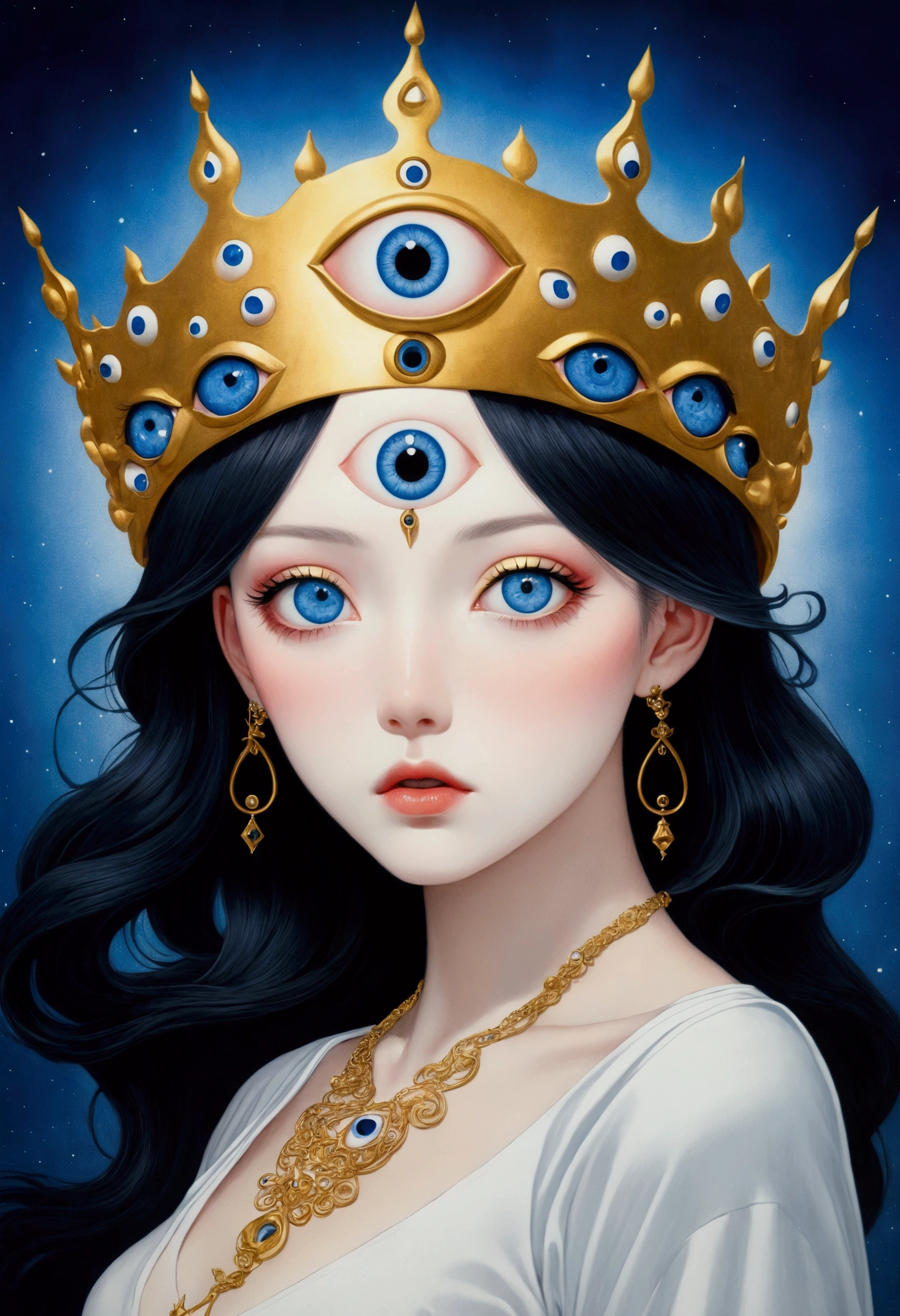 A picture wearing a golden crown、Blue eyes woman, A detailed painting inspired by Hirohiko Araki, tumblr, Pop surrealism, The Third Eye睛, mystical The Third Eye睛, Mysterious eyes, girl with White eyes, Mysterious Eye, White detail eyes, The Third Eye, Mysterious Eyes, opening The Third Eye睛, White eyes, The Third Eye的视觉