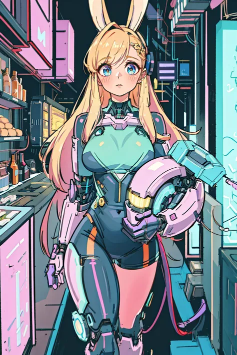 a cute cyborg girl with rabbit ears, beautiful detailed eyes, beautiful detailed lips, extremely detailed face and features, lon...