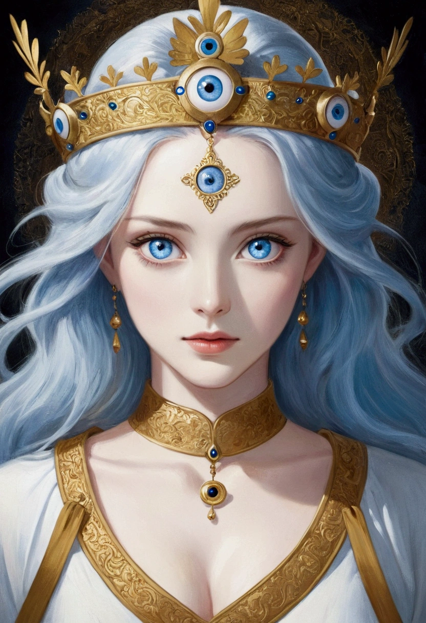 Portrait of a woman with blue eyes wearing a golden crown, The Third Eye睛, mystical The Third Eye睛, Mysterious eyes, girl with White eyes, Mysterious Eye, White detail eyes, The Third Eye, Mysterious Eyes, opening The Third Eye睛, White eyes, The Third Eye的视觉, Portrait of a girl with blue eyes, Blue eyes, Chinese blue eyes, Light blue eyes