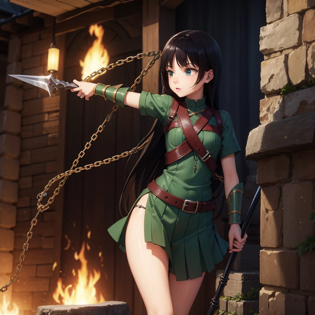 最high quality、high quality、Simple Cloth Armor、１０Year-old girl adventurer、Equipped with a weapon that has a short chain at the end of a stick and a spiked iron ball at the end of the chain、In a dark maze、Dark green armor