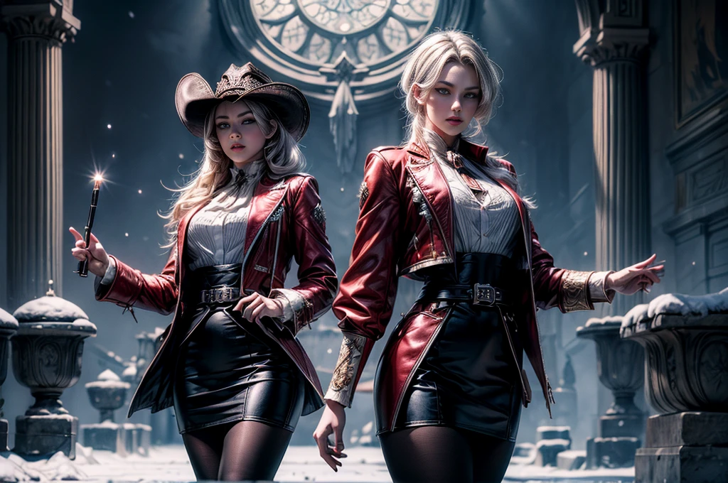 masterpiece,best quality, masterpiece, high detail,detailed face,detailed eyes,rendered eyes,perfect eyes,hip lines,crisp image,detailed,amazing,8k,8k wallpaper,8k background,high detailed skin,high res, (((cowboy shot))), solo, 1girl,looking at viewer,WillowSchnee, . Her attire consists of a white cravat secured by a silver brooch set with a red stone, as well as a light purple jacket with light sleeves, a wide belt around her waist, a matching pencil skirt with black tights and slippers. serious expression, outside stately mansion, snow, ice sculpture at center of hedge maze, holding wine glass, night, stars, servants and security detail standing by, (volumetric lighting), sharp focus, hyper detailed 