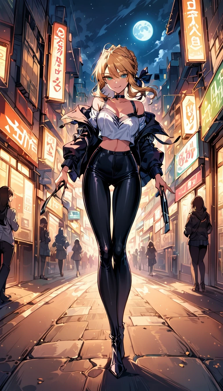 score_9, score_8_up, score_7_up, score_6_up, rating_safe, source_anime, BREAK beautiful Artoria Pendragon (blonde, braid, ribbon, hair ribbon:1.2), sexy smirk, BREAK tight pants, off the shoulder top, high heels, choker, BREAK walking in downtown Tokyo, neon lights, Extremely detailed, gorgeous female, BREAK midnight, full moon, shallow depth of field, BREAK highly detailed, bokeh, moody, epic, gorgeous, grainy, BREAK (ultra-detailed), (best illustration), (best shadow), (absurdres), (detailed background), (very aesthetic).