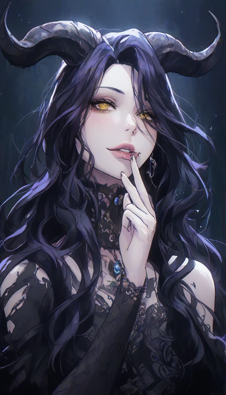 A demonic and seductive looking anime character, with black wings, long dark flowing hair, bright golden eyes, and curved horns like those of a ram. has pale skin, a mischievous smile and a playful and mysterious expression, holding a finger to his lips as if silencing someone. She wears a white dress with intricate detailing and gold accents, along with a blue gem on his chest. The scene is dramatically lit., with soft shadows that enhance her sharp features, as the background fades into darkness, adding an enigmatic and magical touch. The style is a mix of anime fantasy with intricate details, Capturing an intense portrait, close and dynamic