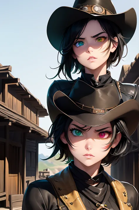 ((high quality anime art style)),((wild west setting)),town,1 ((cowgirl)),short black hair,((detailed green heterochromia eyes))...