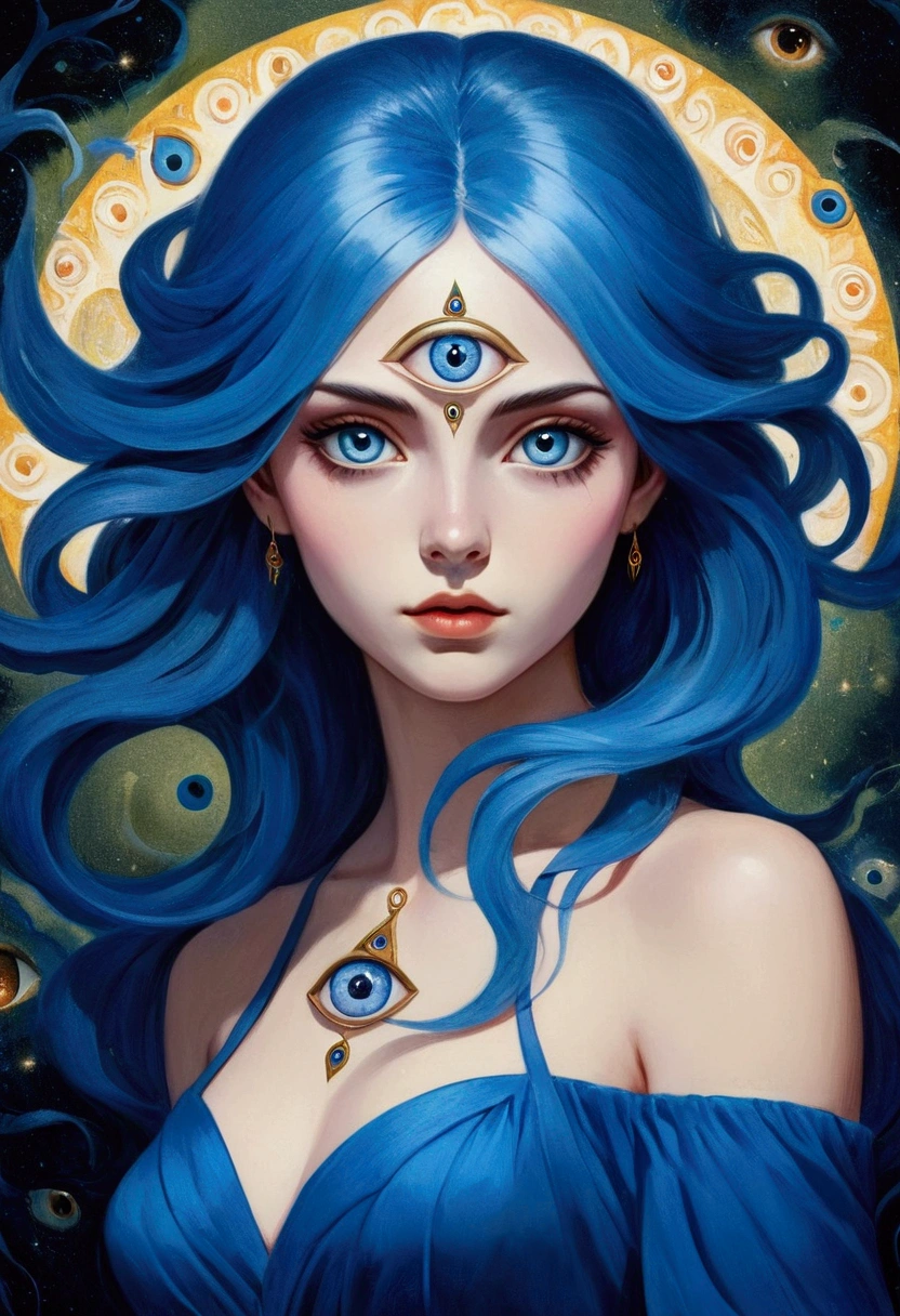 A painting of a woman with blue hair wearing a blue dress, Mysterious eyes, Fantasy Art style, Third Eye Vision, mystical The Third Eye, Complex eyes, The Third Eye, Magical eyes, Psychedelic Goddess, Beautiful art UHD 4K, Fantasy Art, Psychedelic surrealist art, opening The Third Eye, Mysterious Eye, Mysterious Eyes, Psychedelic illustration, Girl with white eyes