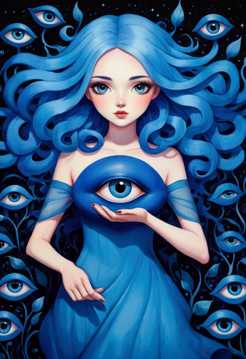 a painting of a woman with blue hair wearing a blue dress, jeremiah ketner (jeremiah ketner) surrealism, winner of the behance c...