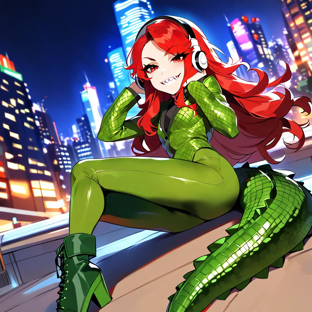 solo, superhero, pretty girl, girl in dark green suit, green combat boots, sharp teeth, confident smile, red eyes, messy hair, long hair, fluffy hair, crocodile suit, tight bodysuit, white headphones, headphones connected with the suit, cheerful, young, hair on the face, facing the camera, city background, city lights, power, red hair, pretty pose, crocodile tail, medium tits, seductive angle, interesting girl 