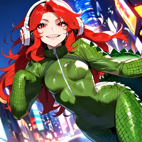 solo, superhero, pretty girl, girl in dark green suit, green combat boots, sharp teeth, confident smile, red eyes, messy hair, l...