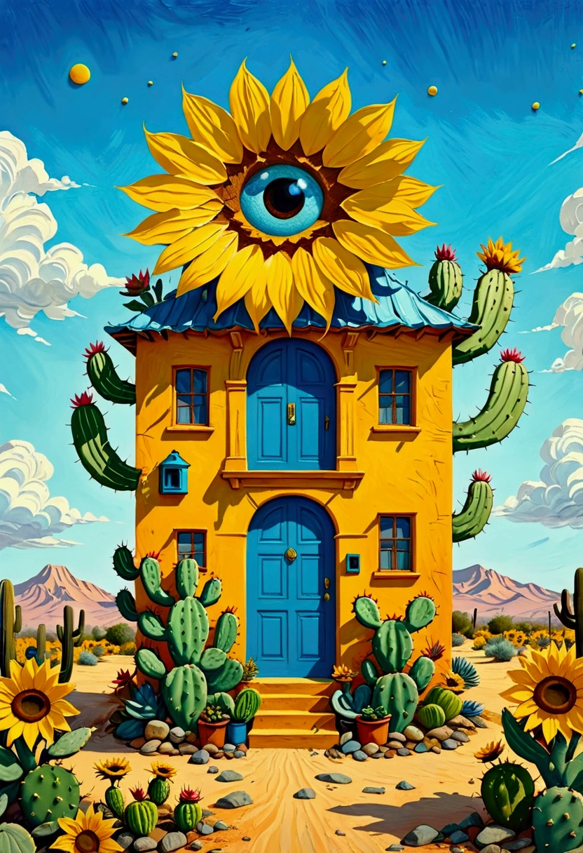 A painting of a cactus house，The painting shows a sunflower and a blue door, a Surrealismist painting by Justin Gerard, Winner of the Behance competition, pop Surrealismism, Android Jones&#39;s Works, Detailed 4k, Surrealism + Very detailed, Color illustrations, Very detailed visionary art, pop Surrealismism art style, Surrealismistic painting, Colorfull illustration, Surrealism painting, psychedelic Surrealism art