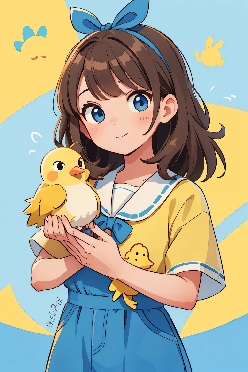 A brown-haired, blue-eyed girl with a yellow chick bows in thanks.